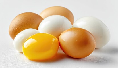 Group of brown and white eggs, a vibrant yolk prominent
