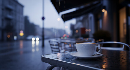 A white coffee cup sits on a wet outdoor cafe table during a rainy evening, with blurred city lights in the background.