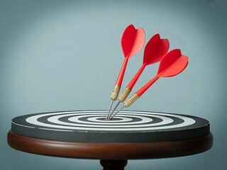 Fototapeta premium Three red darts perfectly hitting the bullseye on a dartboard