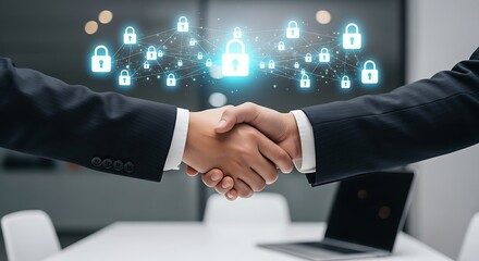 Business partners shaking hands with digital security icons in the background