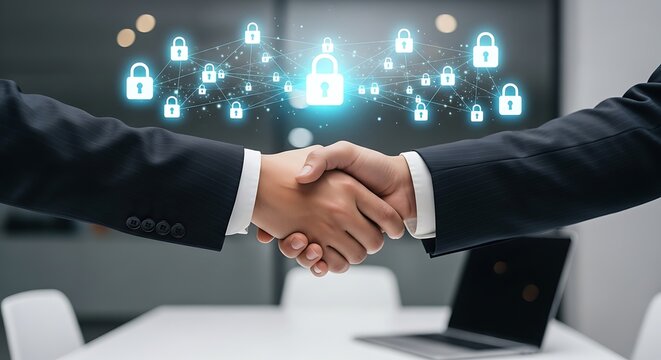 Business partners shaking hands with digital security icons in the background