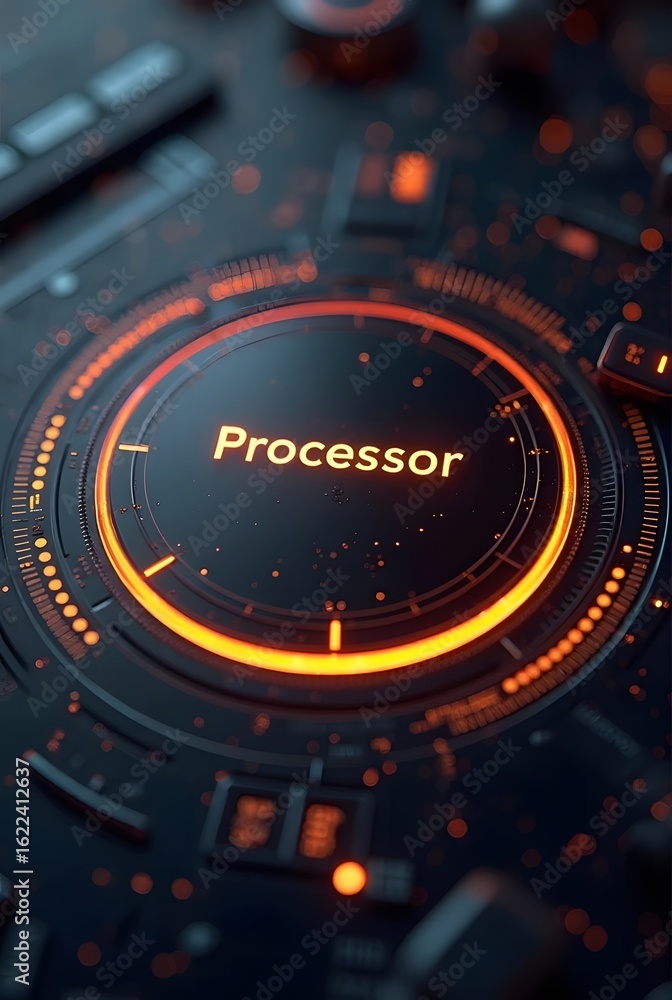 Poster futuristic processor interface glows with vibrant orange accents against a dark background, vertical