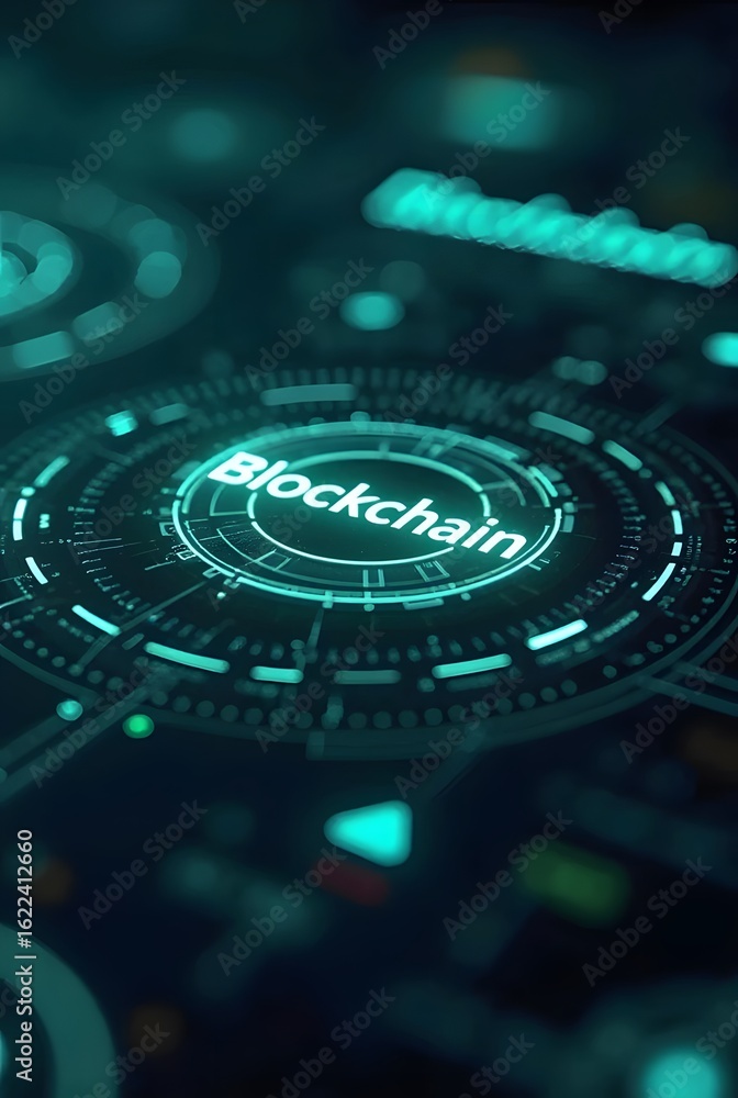 Poster abstract teal and black futuristic blockchain technology concept, vertical composition. the vibrant 