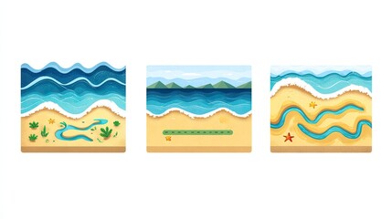 Three different illustrations of a beach scene.