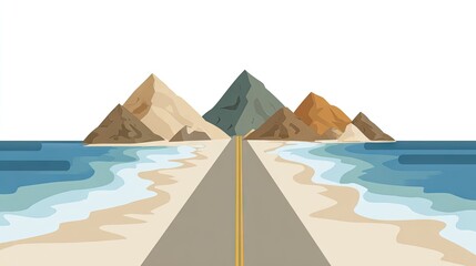A colorful illustration of a beach scene with mountains and a road.