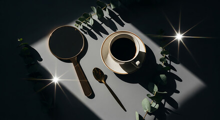 Overhead shot of a coffee cup, spoon, magnifying glass, and eucalyptus leaves on a gray surface with strong shadows and light flares.