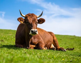 Brown alpine cow relaxing on vibrant green pasture under a bright blue sky