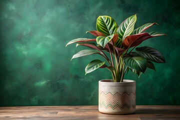 Vibrant calathea plant with striking green and red foliage in a decorative pot against a textured green background