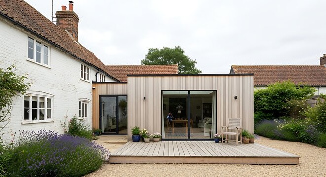 Modern wooden house extension with large glass doors and patio