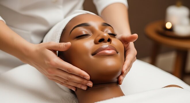 Relaxed woman receiving a facial massage with closed eyes in a spa