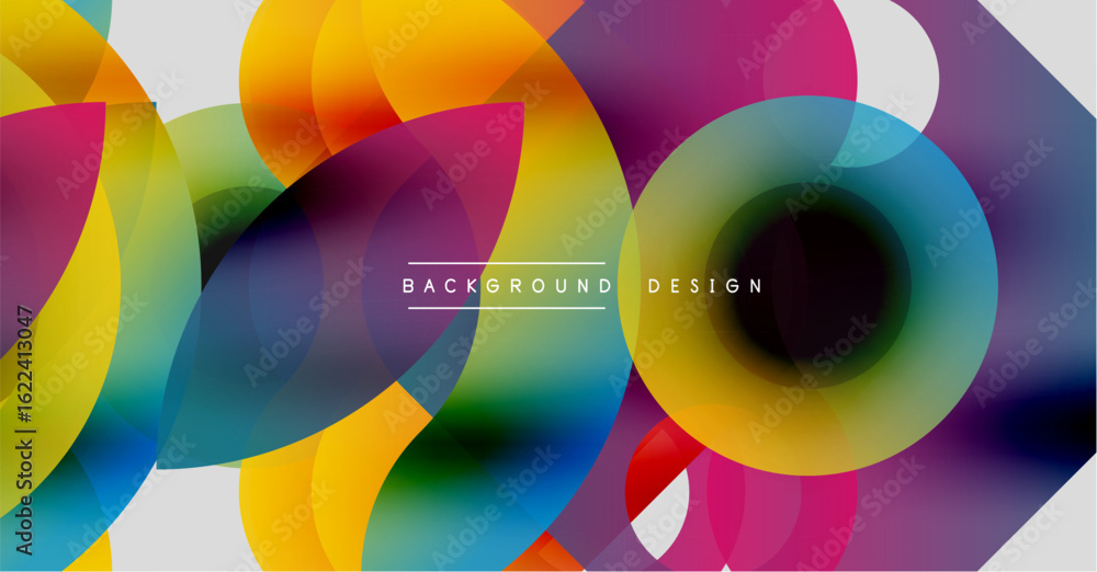 Poster abstract colorful design features overlapping circles, fluid shapes. vibrant hues create dynamic vis