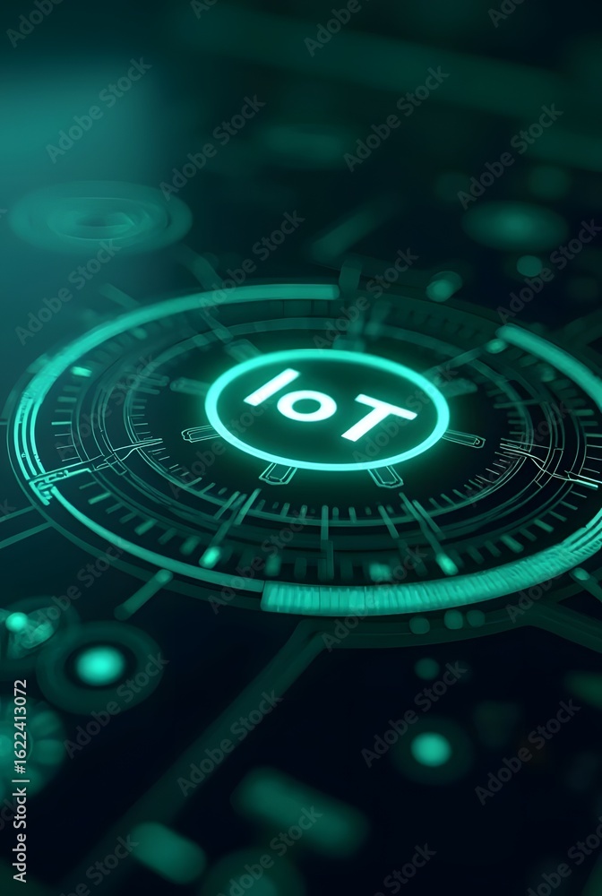Poster abstract iot technology concept features a glowing green digital interface, vertical composition. ci