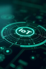 Abstract IoT technology concept features a glowing green digital interface, vertical composition. Circular design elements and vibrant color effects.