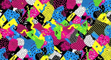 Dynamic abstract background with retro 80s geometric patterns, vibrant neon colors, and pop art textures.