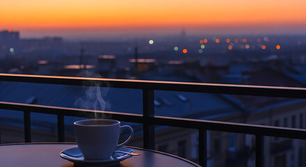 Warm coffee steams on a balcony overlooking a city sunrise.
