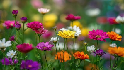 Vibrant flowers in various colors bloom in a garden setting