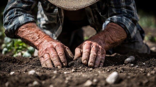 Experienced farmer planting seeds in rich soil, hands deeply engaged with the earth, symbolizing growth and harvest.