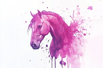Beautiful watercolor painting of a horse on a white background, with paint splashes and drips