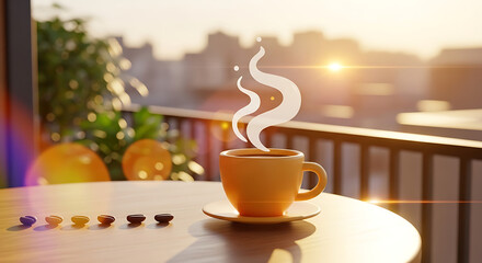 A yellow cup of hot coffee steams on a balcony table at sunrise, with a row of coffee capsules.