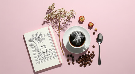 A flat lay of hot steaming coffee next to a notebook with a line drawing, coffee beans, and dried flowers on a pink background.