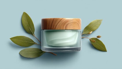 Light teal glass jar cream, wooden lid, leafy sprigs