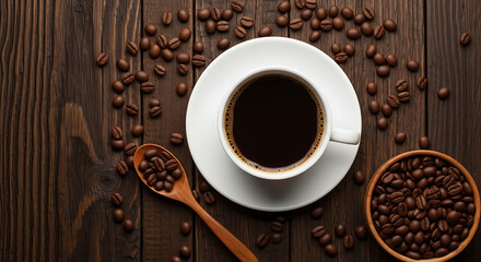 A top-down view of a white cup of black coffee on a dark wooden table surrounded by roasted beans.