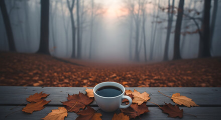 A cup of black coffee sits among fallen autumn leaves on a wooden surface overlooking a misty forest.