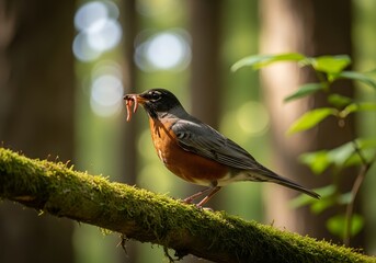 robin perched on a branch carrying worms
