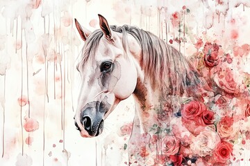 Beautiful watercolor painting of an Arabian horse with a white background