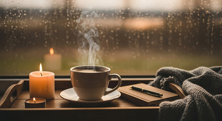 A warm cup of coffee steams on a wooden tray with a lit candle and notebook by a rainy window.