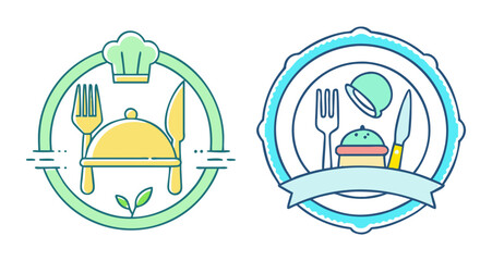 Restaurant logos featuring culinary icons and serving utensils in modern minimalist style