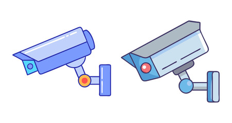 Two cartoon surveillance cameras in blue tones watching over the city streets