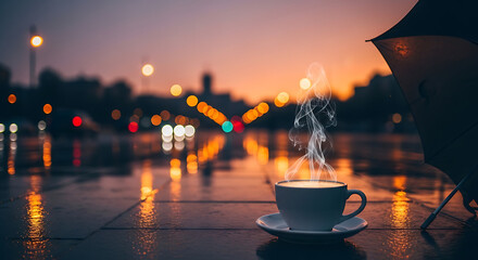 A steaming coffee cup on a wet pavement during a rainy evening, with blurry city lights in the background.