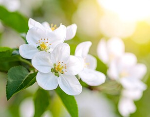 Obraz premium Close-up blossoming apple tree, delicate white petals and vibrant green leaves in sunlight