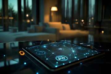 Smart home concept depicted with a tablet displaying connected devices and futuristic digital interface