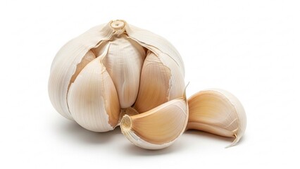 Garlic isolated on white background. Fresh Garlic Bulb and Cloves. Whole Garlic and Separated Cloves. Aromatic Garlic for Cooking
