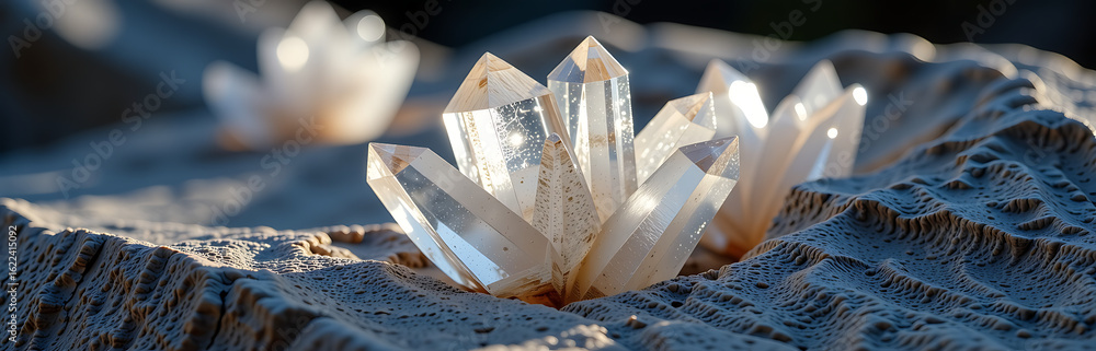 Poster shot intricate quartz crystal formations within weathered granite surface bathed soft diffused natur