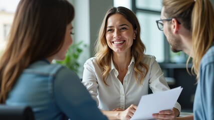 Fototapeta premium Happy businesswoman discussing project ideas with client. 