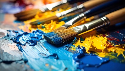 Obraz premium Close-up of vibrant blue and yellow oil paints on a palette with artist's brushes