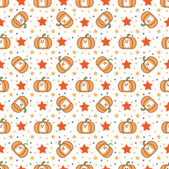 Mini Ghosts Inside Carved Pumpkins ,Kawaii Halloween Seamless Pattern. Created using Adobe Illustrator with integrated AI features (Adobe Firefly). The design is based on the artist’s original concept