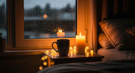 A cozy bedroom with a lit candle, a mug, and fairy lights on a table by a rainy window.