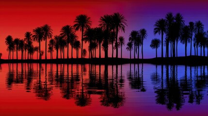 Obraz premium Silhouette of palm trees reflected on a calm body of water at sunset.