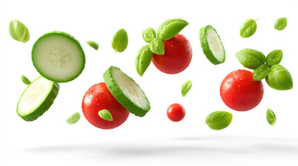 Naklejka premium Salad Theme, a minimalist composition of objects floating in the air. cherry tomatoes, fresh cucumber slices, and vibrant basil leaves. cartoonish mood, on pure white background. 3d illustration.