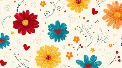Bright floral pattern featuring colorful flowers and hearts on a light background suitable for fabric or wallpaper