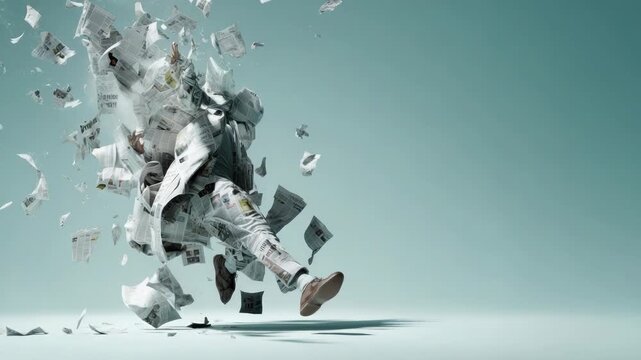 Conceptual news overload: Man bursting from paper explosion in abstract setting