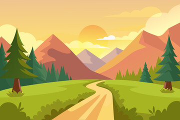 Adventure Forest Trail with Mountains Vector Background