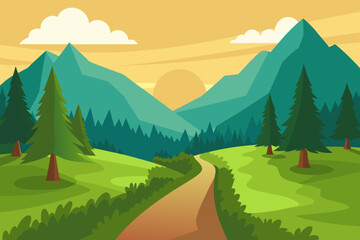 Adventure Forest Trail with Mountains Vector Background