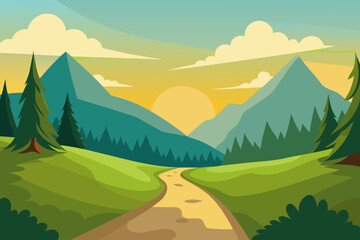 Adventure Forest Trail with Mountains Vector Background