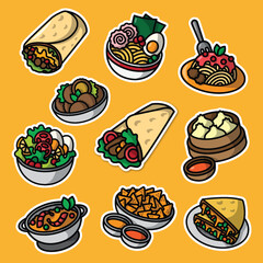 traditional foods editable cartoon style sticker vector
