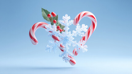 Winter Holiday Theme, A 3D of a minimalist composition of objects floating in the air. a snowflake ornament, a candy cane, and a sprig of holly, festive mood. on blue background. 